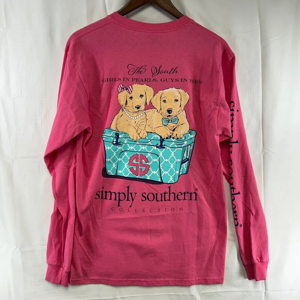 Simply Southern Long Sleeve T-Shirt Women Medium Pink Golden Retriever Puppy NWT